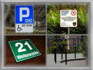 Wiktorski znaki drogowe, tablice informacyjne Gdansk: parking dla inwalidy, posprzątaj po psie, tablica administracyjna, słupki wydrodzeniowe